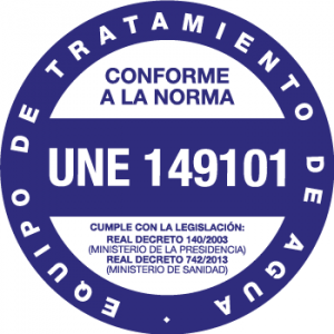 Certificación UNE 149101 de equipo de tratamiento de agua conforme a la normativa española de los Reales Decretos 140/2003 y 742/2013